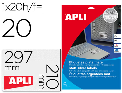 ETIQUETAS ADESIVAS APLI 10071 METALIZADA FORMATO 210X297 MM PARA FOTOCOPIA LASER CAIXA 20 FOLHAS COM 20