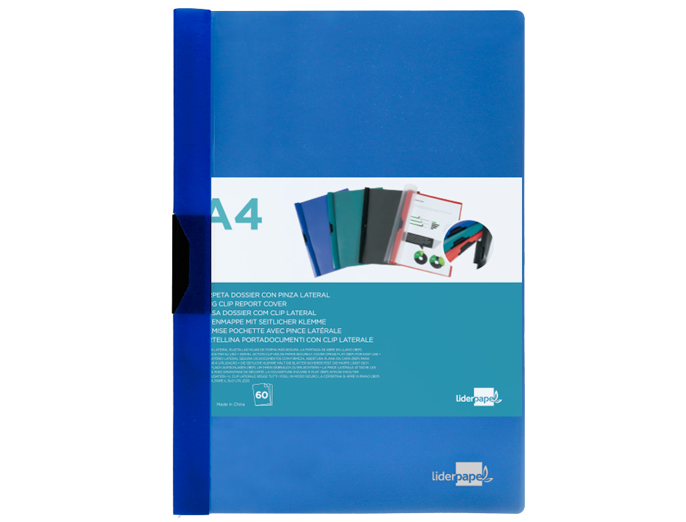 BOLSA DOSSIER LIDERPAPEL COM CLIP LATERAL DIN A4 AZUL TRANSLUCIDO 60 FOLHAS