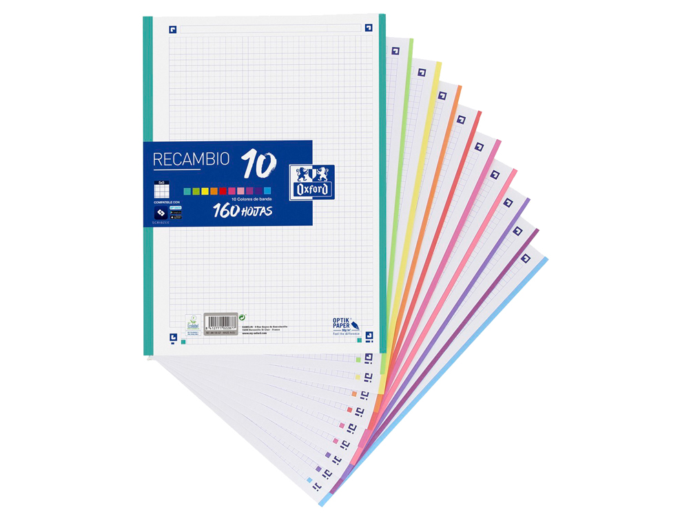 RECAMBIO COLOR OXFORD DIN A4 160 HOJAS 90 GR OPTIK PAPER CUADRO 5 MM 4 TALADROS BANDA 10 COLORES