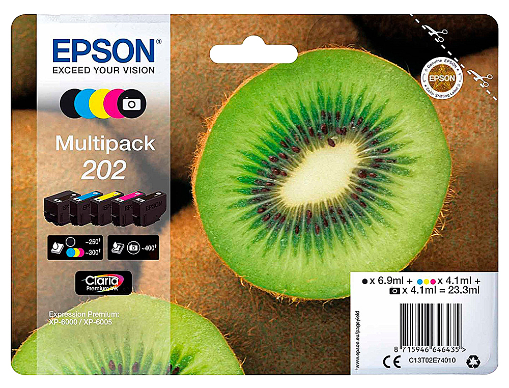 TINTEIRO EPSON 202 XL XP-6000 / XP-6005 / XP-6100 / XP-6105 PACK 5 PRETO AMARELO CIAN MAGENTA PHOTO PRETO 650 PAG