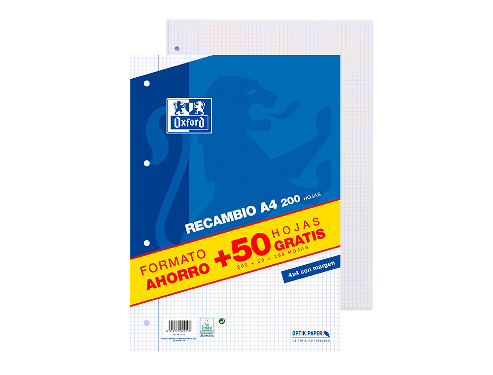 RECARGA OXFORD DIN A4 200 + 50 FOLHAS GRATIS QUADRICULA 4 MM COM MARGEM
