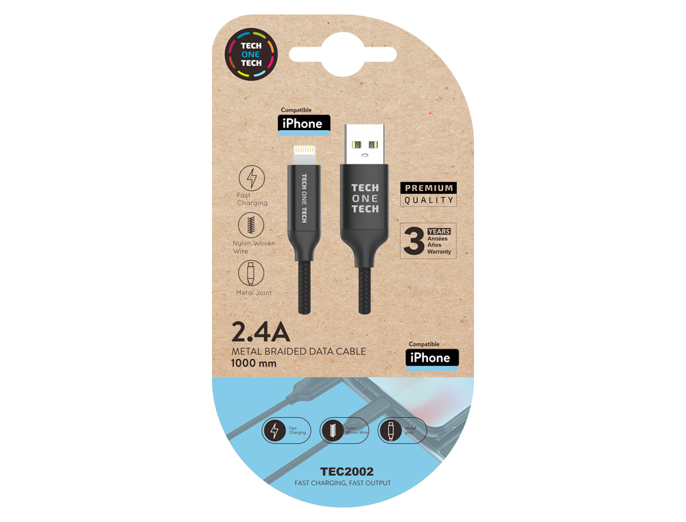 CABO USB 2.4 TECH ONE TECH BRAIDED NYLON TIPO USB APPLE MICRO USB COMPRIMENTO 1 MT COR PRETO