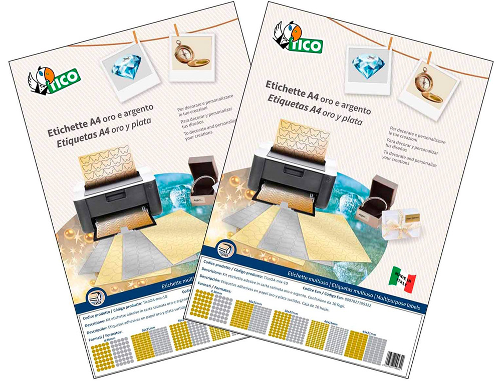ETIQUETA ADESIVA AVERY TICO PAPEL ACETINADO OURO / PRATA LASER MEDIDAS SORTIDAS PACK DE 626 ETIQUETAS