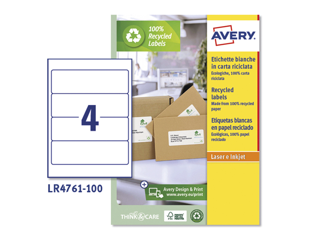 ETIQUETA ADESIVA AVERY PAPEL BRANCO RECICLADO 192X61 MM LASER PACK DE 400 ETIQUETAS