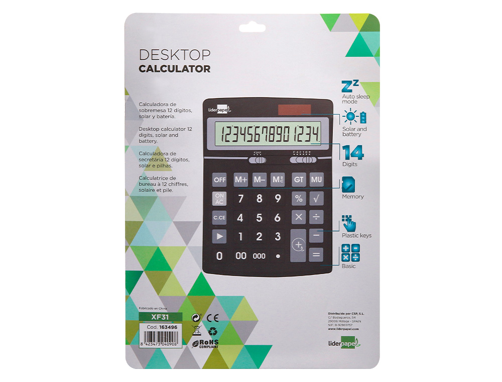 CALCULADORA LIDERPAPEL DE SECRETARIA XF31 14 DIGITOS SOLAR E PILHAS COR PRETO 170X122X35 MM