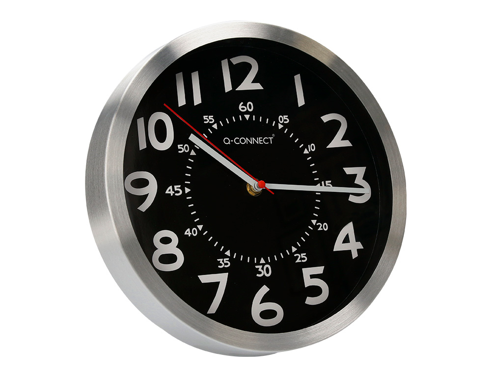RELOGIO Q-CONNECT DE PAREDE METALICO REDONDO 25 CM MOVIMENTO SILENCIOSO COR CROMADO COM ESFERA PRETA