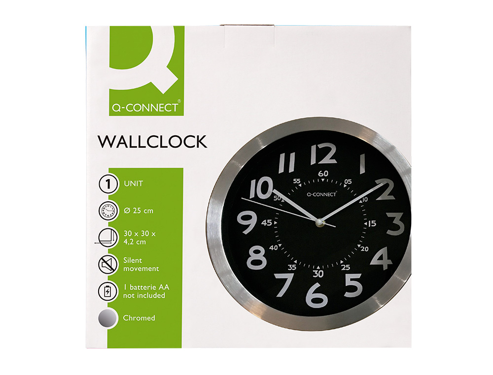 RELOGIO Q-CONNECT DE PAREDE METALICO REDONDO 25 CM MOVIMENTO SILENCIOSO COR CROMADO COM ESFERA PRETA
