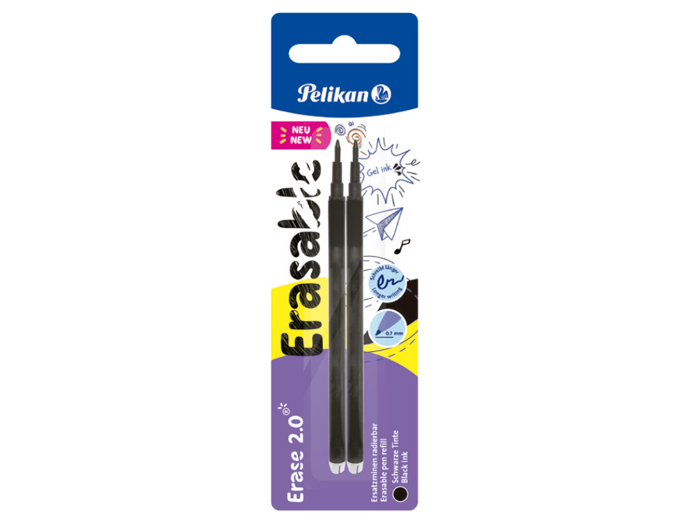 RECARGA ROLLER PELIKAN ERASE 2.0 COR PRETO BLISTER DE 2 UNIDADES