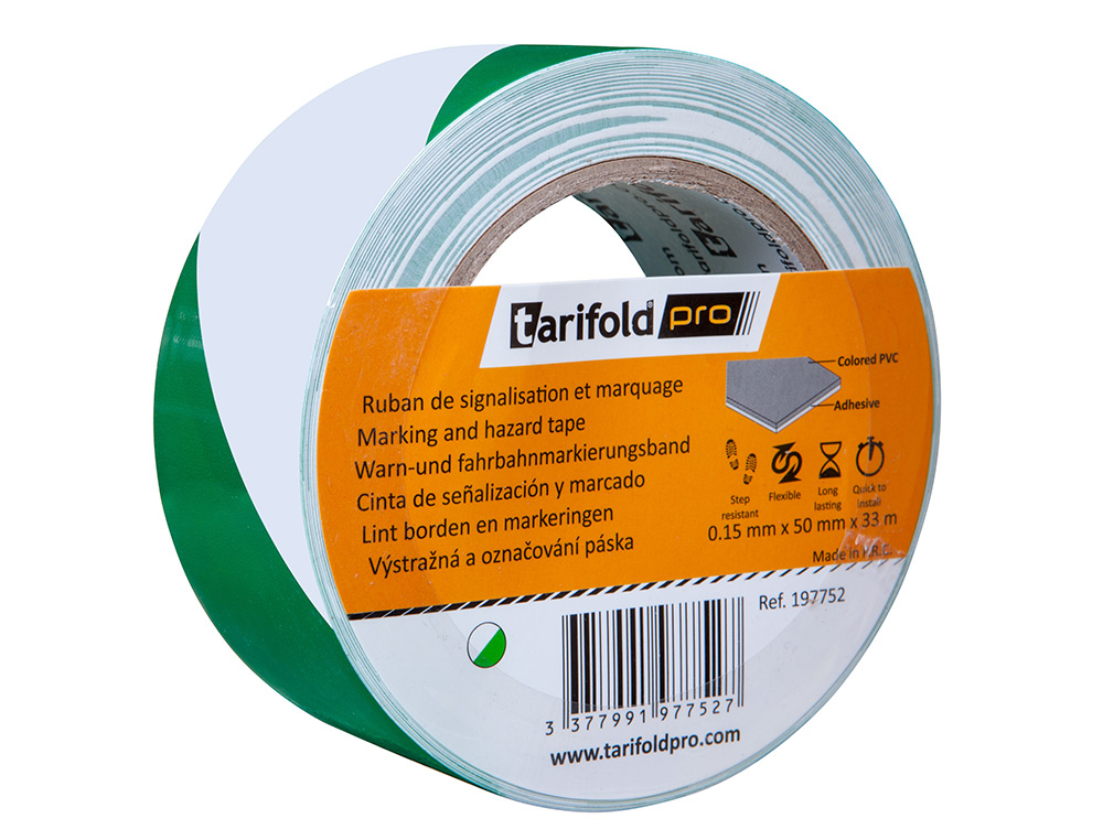FITA ADESIVA TARIFOLD SEGURANCA PARA MARCACAO E SINALIZACAO DE CHAO 33 MT X 50 MM COR BRANCO/VERDE