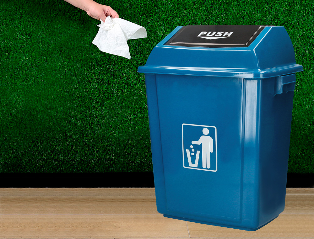 CONTENTOR DE LIXO Q-CONNECT PLASTICO COM TAMPA DE EMPURRAR 58 LITROS 470X330X760 MM AZUL