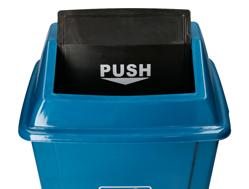 CONTENTOR DE LIXO Q-CONNECT PLASTICO COM TAMPA DE EMPURRAR 58 LITROS 470X330X760 MM AZUL