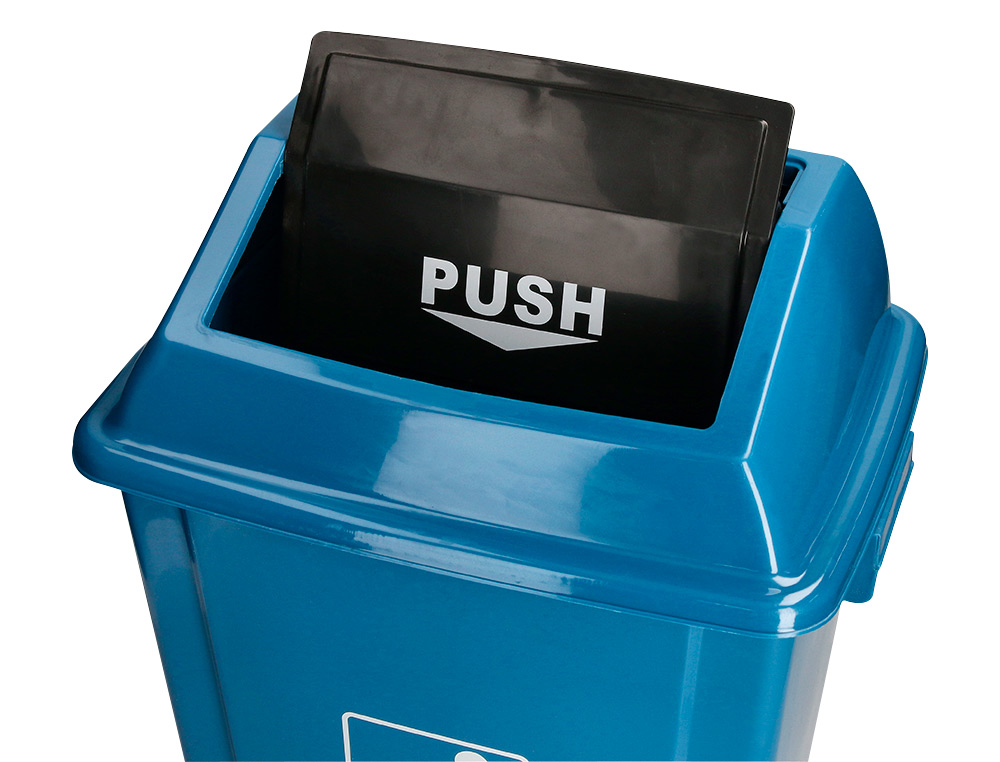 CONTENTOR DE LIXO Q-CONNECT PLASTICO COM TAMPA DE EMPURRAR 58 LITROS 470X330X760 MM AZUL