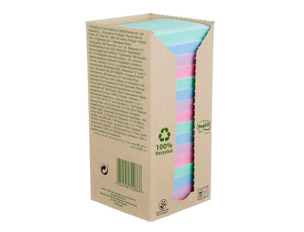 BLOCO DE NOTAS ADESIVAS POST-IT 76X76 MM 100% RECICLADO PEFC EM TORRE PACK DE 16 UNIDADES CORES SORTIDAS