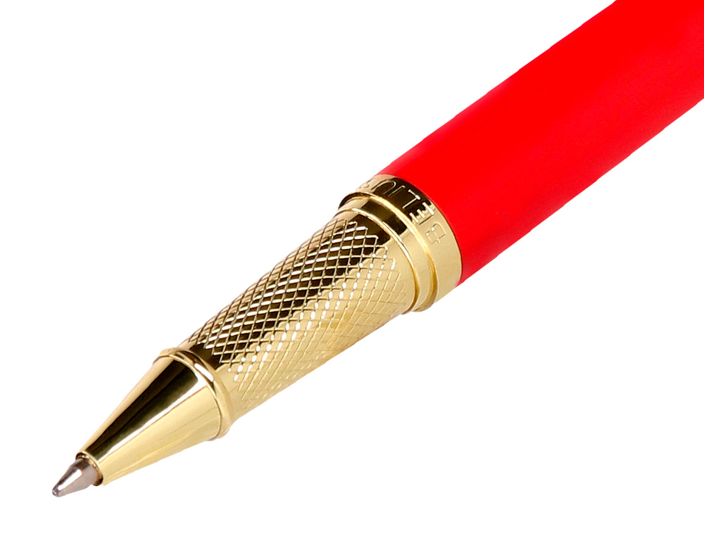 ESFEROGRAFICA BELIUS PASSION DOR ALUMINIO TEXTURA ESCOVADO DESENHO VERMELHO E DOURADO TINTA AZUL CAIXA DESIGN