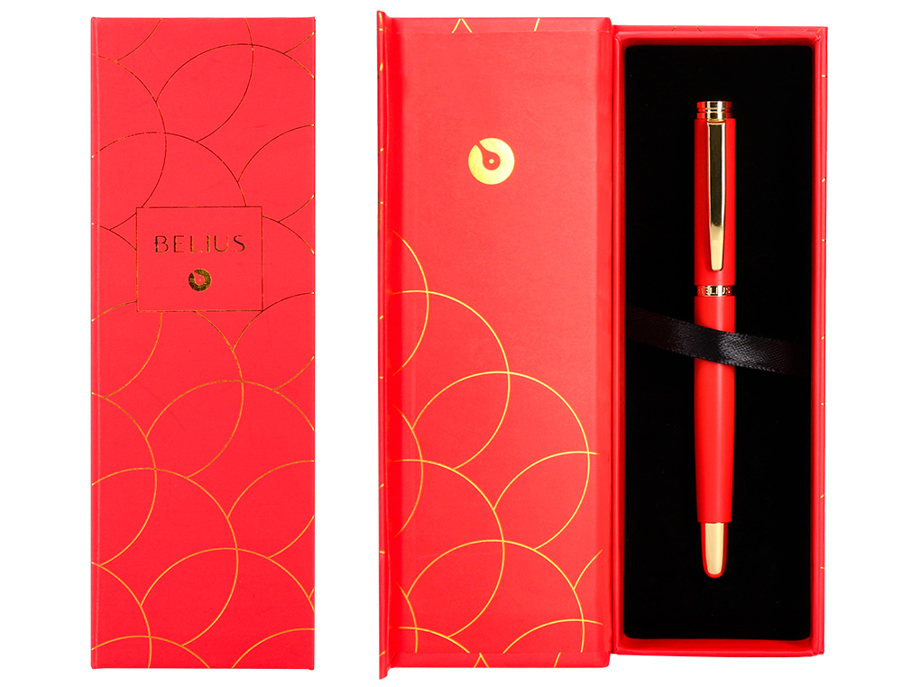 ESFEROGRAFICA BELIUS PASSION DOR ALUMINIO TEXTURA ESCOVADO DESENHO VERMELHO E DOURADO TINTA AZUL CAIXA DESIGN