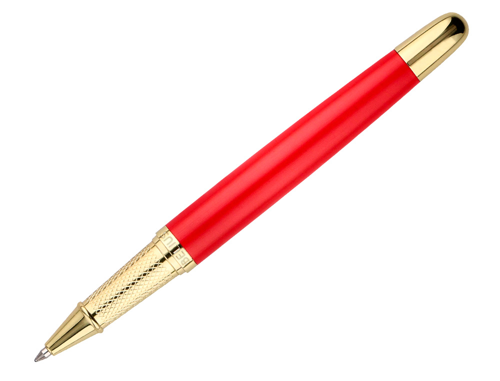 ESFEROGRAFICA BELIUS PASSION DOR ALUMINIO TEXTURA ESCOVADO DESENHO VERMELHO E DOURADO TINTA AZUL CAIXA DESIGN