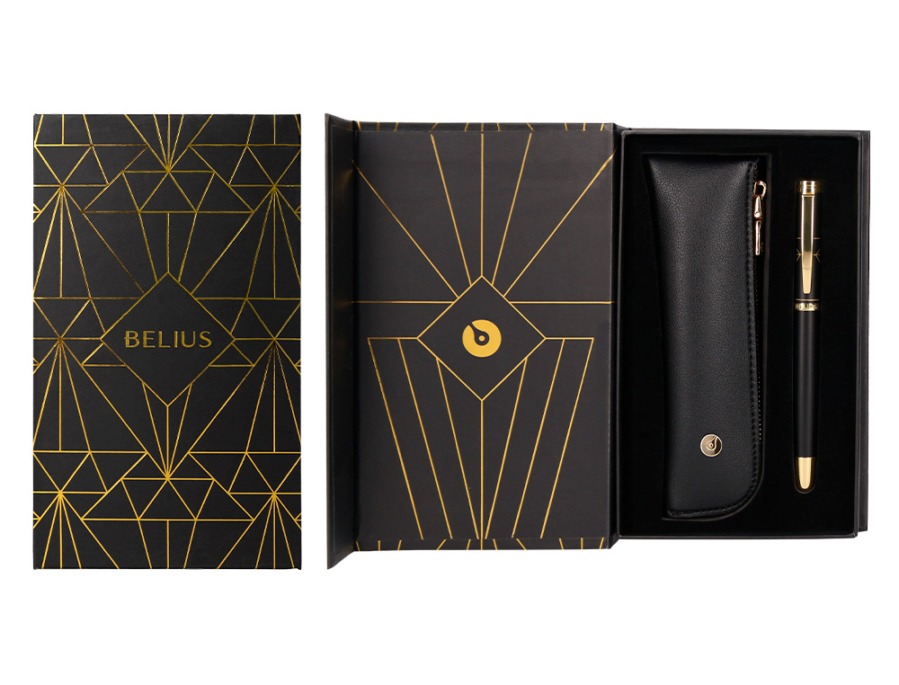 CANETA E ESTOJO BELIUS SOIREE DESENHO ART DECO PRETO E DOURADO TINTA AZUL CAIXA DESIGN