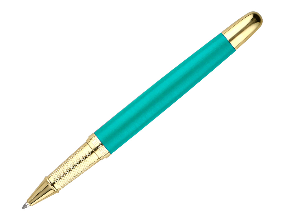 ESFEROGRAFICA E ESTOJO BELIUS SOIREE DESENHO ART DECO TURQUESA E DOURADO TINTA AZUL CAIXA DESIGN