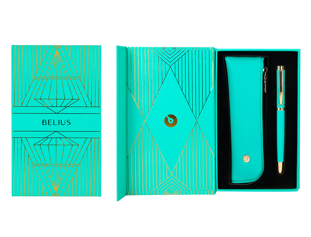 ESFEROGRAFICA E ESTOJO BELIUS SOIREE DESENHO ART DECO TURQUESA E DOURADO TINTA AZUL CAIXA DESIGN