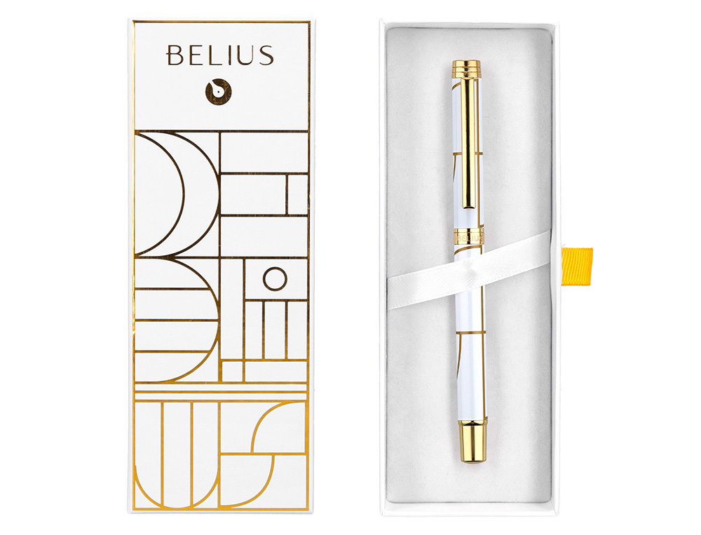 ROLLER BELIUS CARTE BLANCHE DESENHO BRANCO E DOURADO TINTA PRETA CAIXA DESIGN