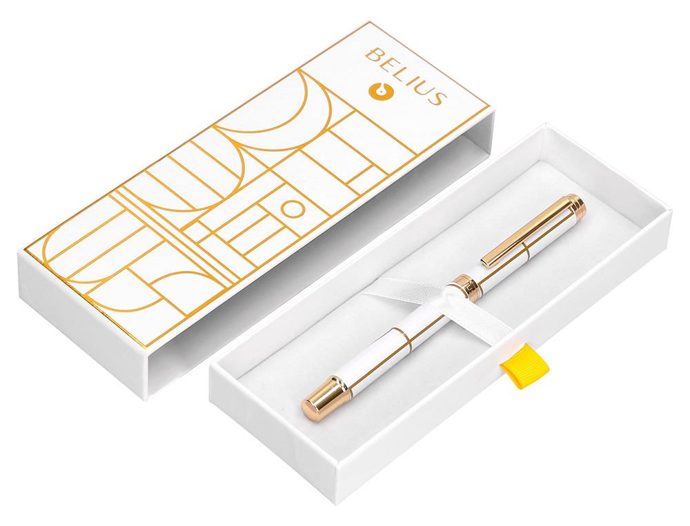 ROLLER BELIUS CARTE BLANCHE DESENHO BRANCO E DOURADO TINTA PRETA CAIXA DESIGN