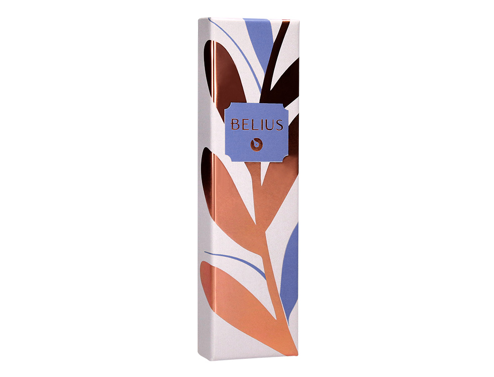 ESFEROGRAFICA BELIUS ROSE ALUMINIO DESENHO AZUL ELETRICO OURO ROSA TINTA AZUL CAIXA DESIGN