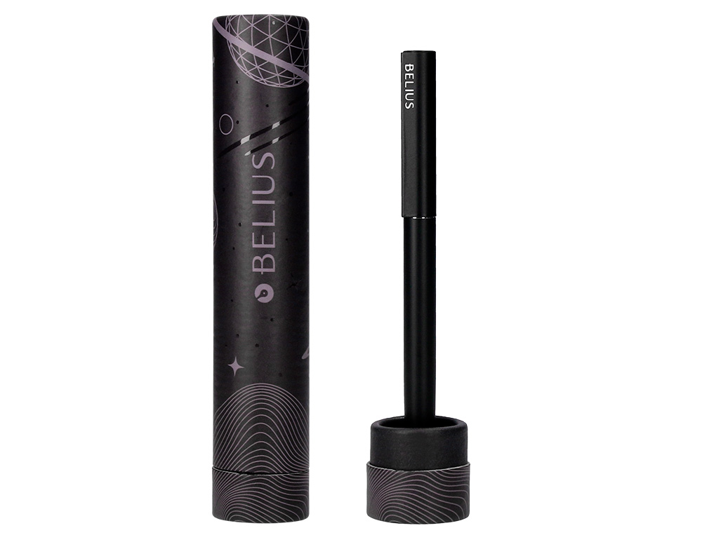ESFEROGRAFICA BELIUS ROCKET B ALUMINIO DESENHO MINIMALISTA PRETO CAIXA CILINDRICA TINTA AZUL