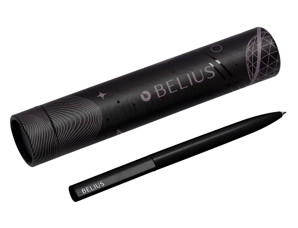ESFEROGRAFICA BELIUS ROCKET B ALUMINIO DESENHO MINIMALISTA PRETO CAIXA CILINDRICA TINTA AZUL