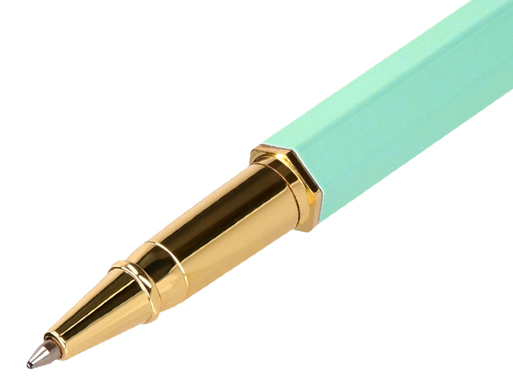 ESFEROGRAFICA BELIUS MACARON BLISS ALUMINIO DESENHO HEXAGONAL VERDE E DOURADO TINTA AZUL CAIXA DESIGN