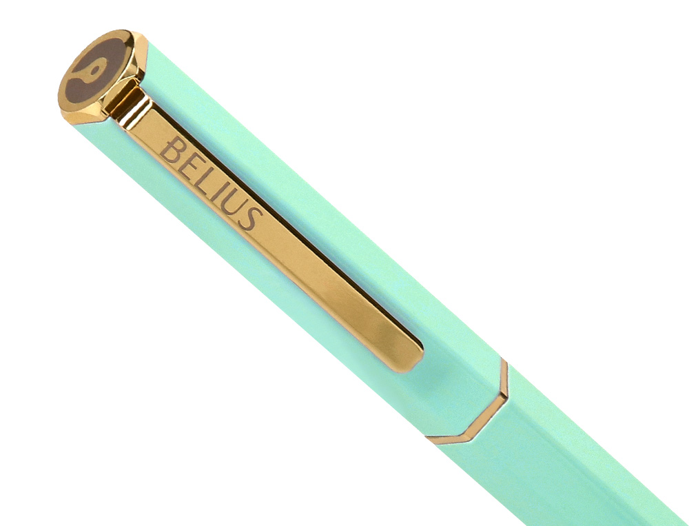 ESFEROGRAFICA BELIUS MACARON BLISS ALUMINIO DESENHO HEXAGONAL VERDE E DOURADO TINTA AZUL CAIXA DESIGN