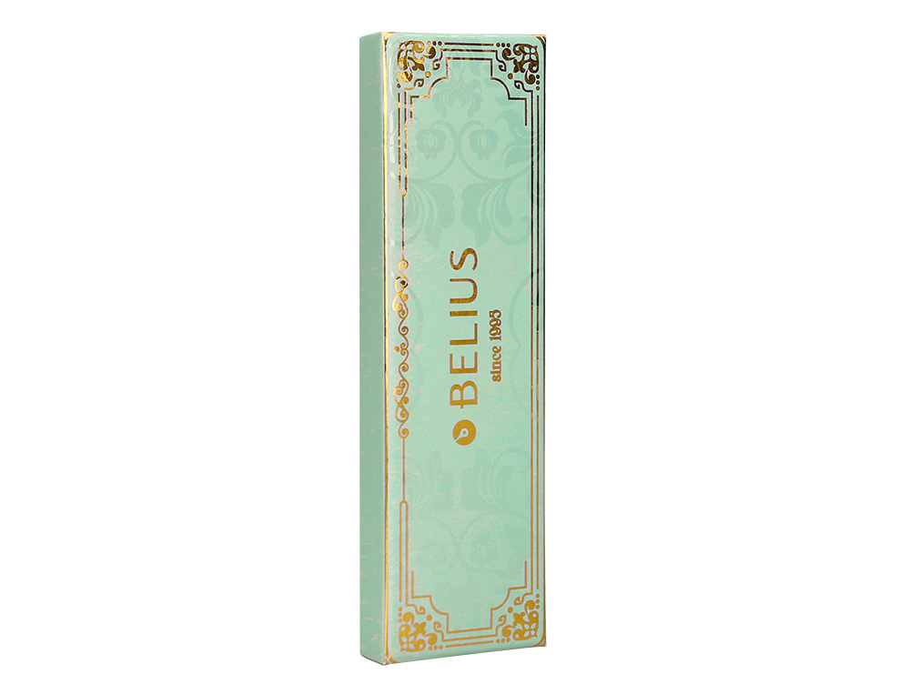 ESFEROGRAFICA BELIUS MACARON BLISS ALUMINIO DESENHO HEXAGONAL VERDE E DOURADO TINTA AZUL CAIXA DESIGN