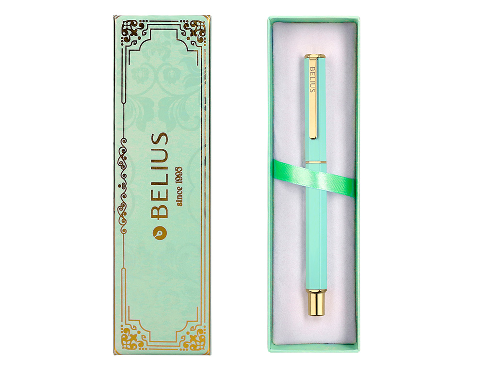 ESFEROGRAFICA BELIUS MACARON BLISS ALUMINIO DESENHO HEXAGONAL VERDE E DOURADO TINTA AZUL CAIXA DESIGN