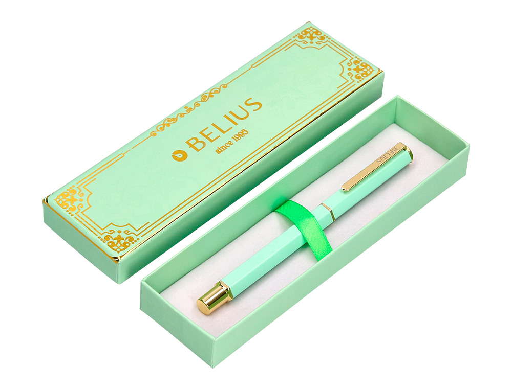ESFEROGRAFICA BELIUS MACARON BLISS ALUMINIO DESENHO HEXAGONAL VERDE E DOURADO TINTA AZUL CAIXA DESIGN