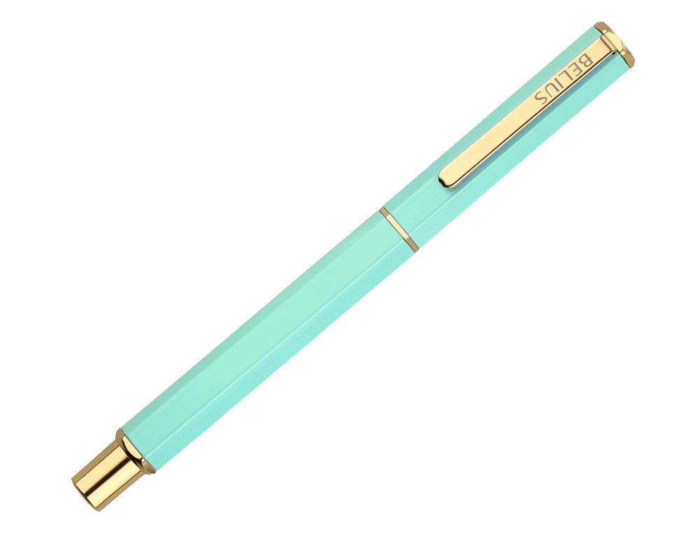 ESFEROGRAFICA BELIUS MACARON BLISS ALUMINIO DESENHO HEXAGONAL VERDE E DOURADO TINTA AZUL CAIXA DESIGN