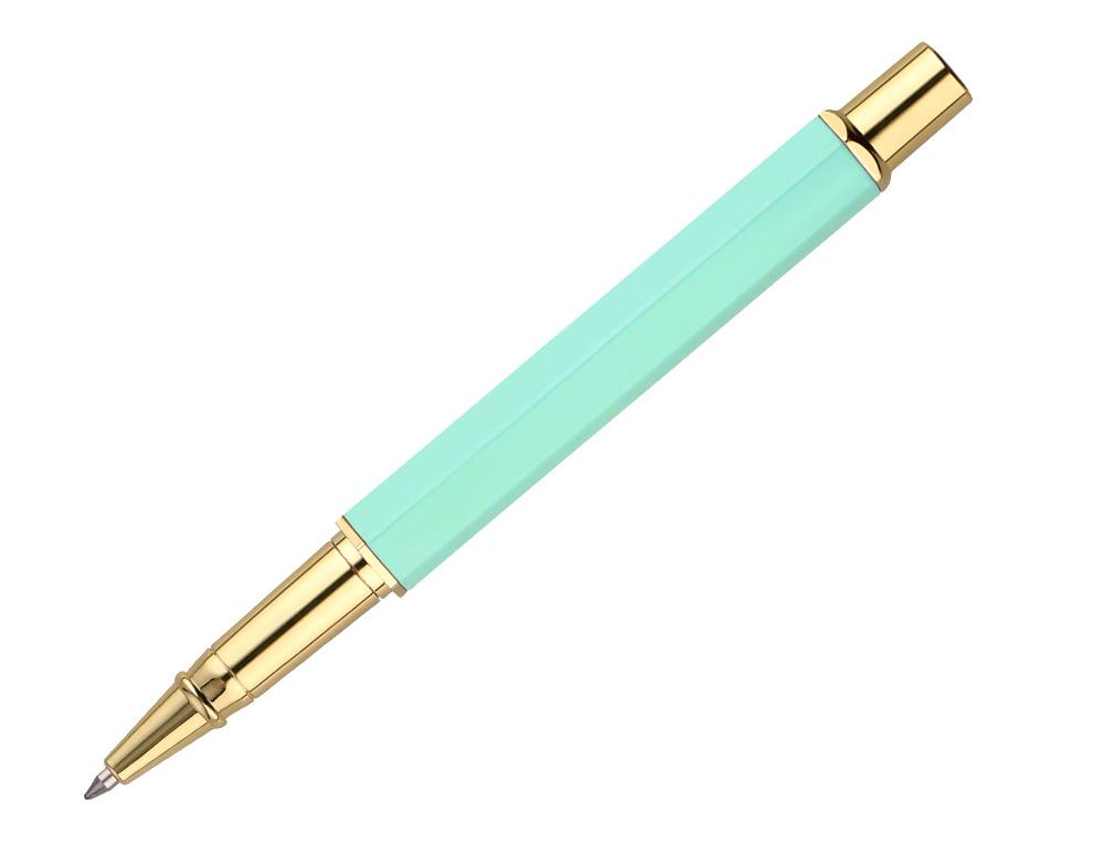 ESFEROGRAFICA BELIUS MACARON BLISS ALUMINIO DESENHO HEXAGONAL VERDE E DOURADO TINTA AZUL CAIXA DESIGN