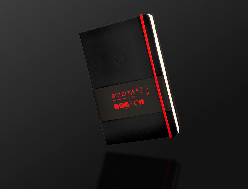 CADERNO COM ELASTICO ANTARTIK NOTES CAPA DURA A5 PAUTADO PRETO E VERMELHO 100 FOLHAS 80 GR FSC