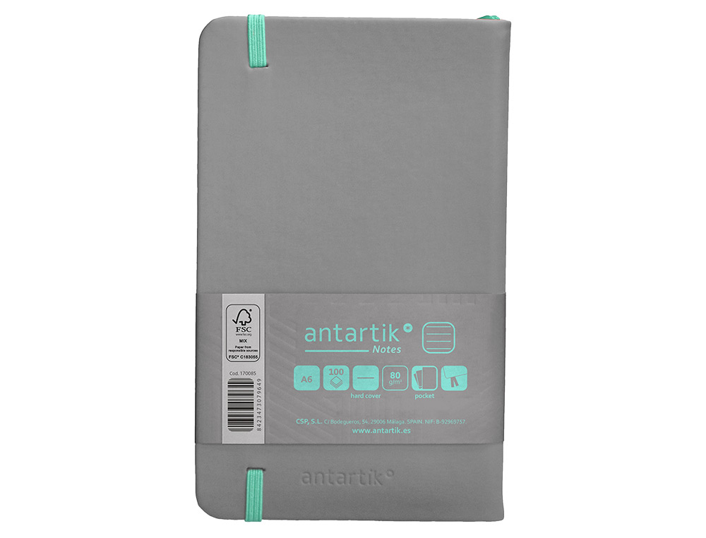 CADERNO COM ELASTICO ANTARTIK NOTES CAPA DURA A6 PAUTADO CINZA E TURQUESA 100 FOLHAS 80 GR FSC