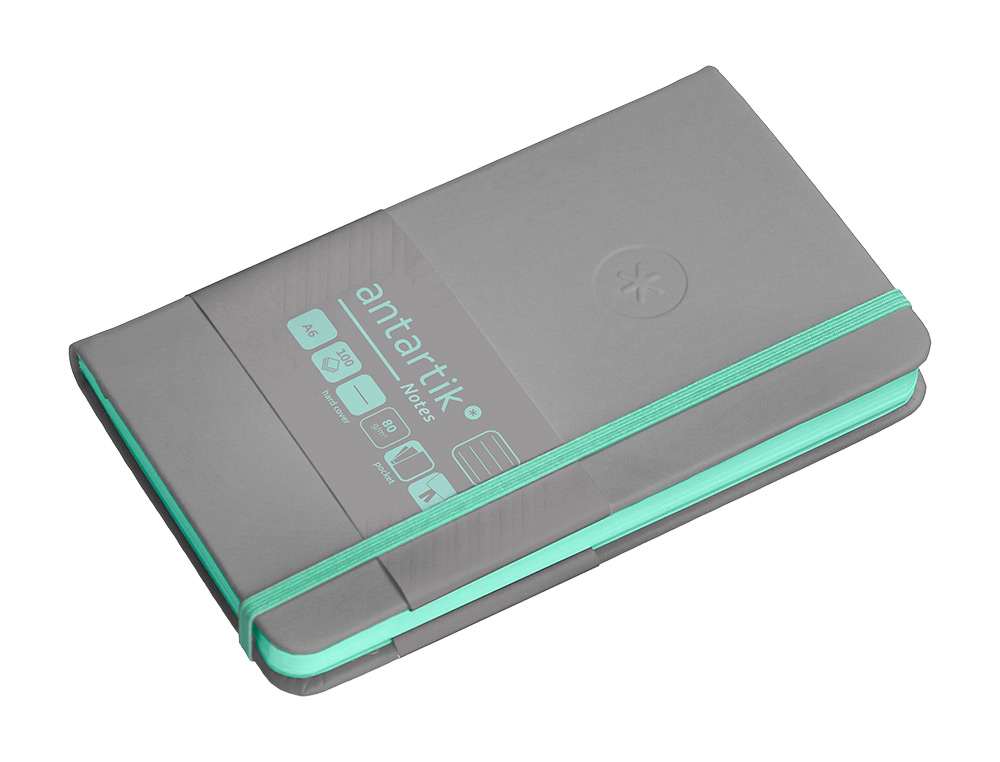 CADERNO COM ELASTICO ANTARTIK NOTES CAPA DURA A6 PAUTADO CINZA E TURQUESA 100 FOLHAS 80 GR FSC