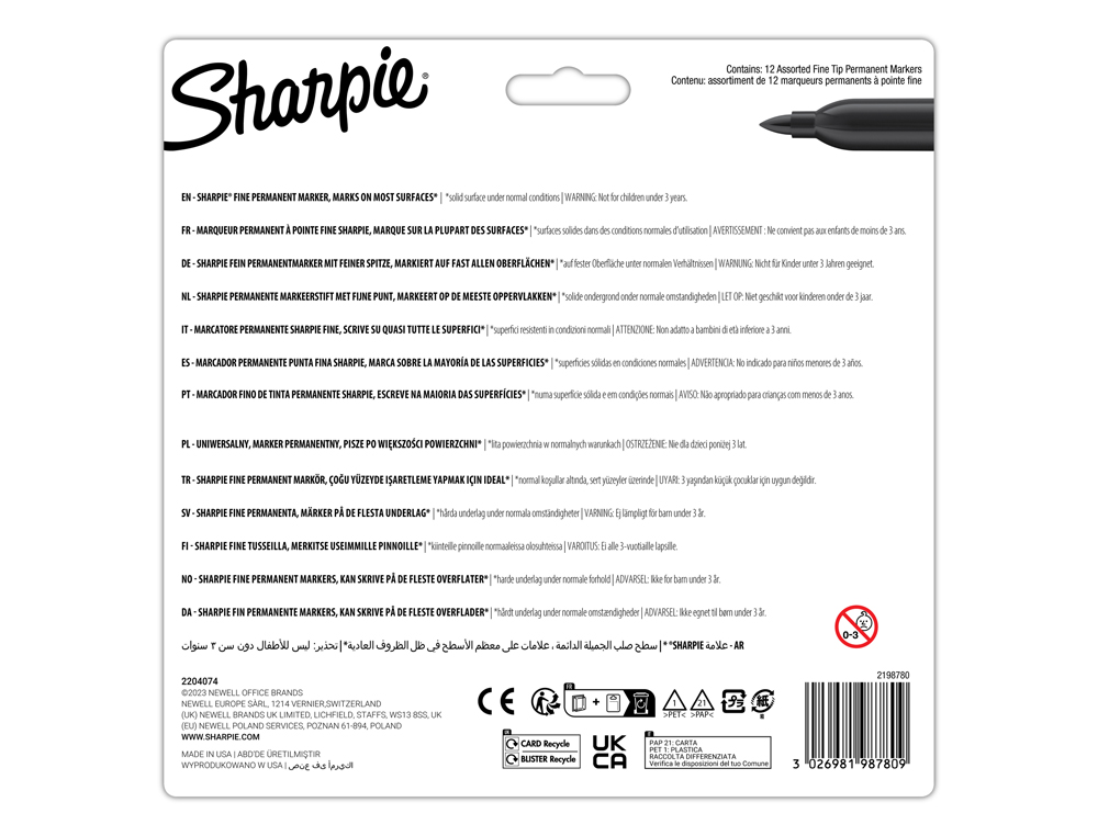 MARCADOR SHARPIE PERMANENTE FINO GLAM POP BLISTER DE 12 UNIDADES CORES SORTIDAS