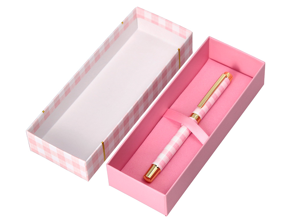 ESFEROGRAFICA BELIUS PICNIC ALUMINIO COR ROSA DOURADO TINTA COR AZUL CAIXA DE DESIGN