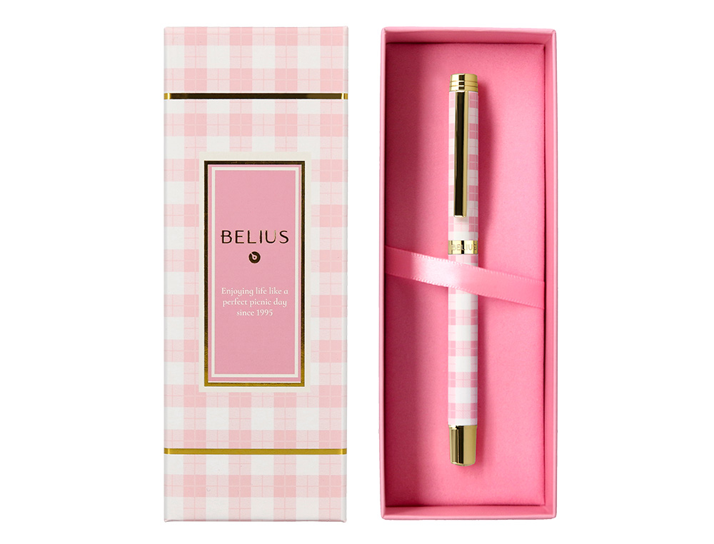 ESFEROGRAFICA BELIUS PICNIC ALUMINIO COR ROSA DOURADO TINTA COR AZUL CAIXA DE DESIGN