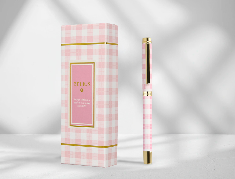 ESFEROGRAFICA BELIUS PICNIC ALUMINIO COR ROSA DOURADO TINTA COR AZUL CAIXA DE DESIGN