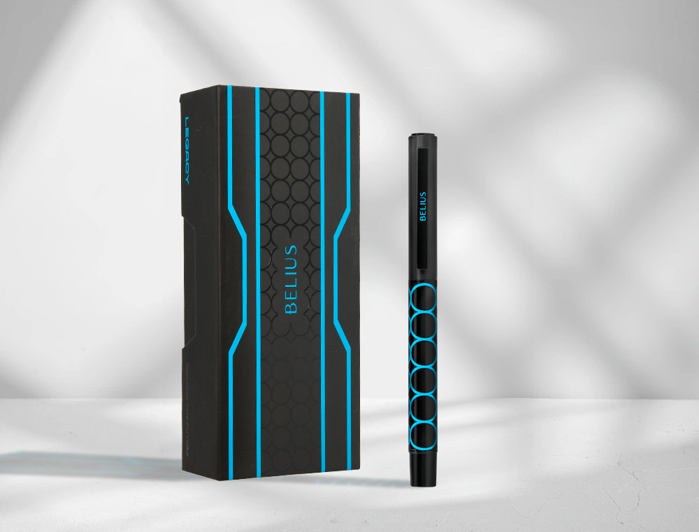 ESFEROGRAFICA BELIUS LEGACY ALUMINIO DESENHO CIRCULOS AZUL CORPO PRETO TINTA COR AZUL CAIXA DE DESIGN