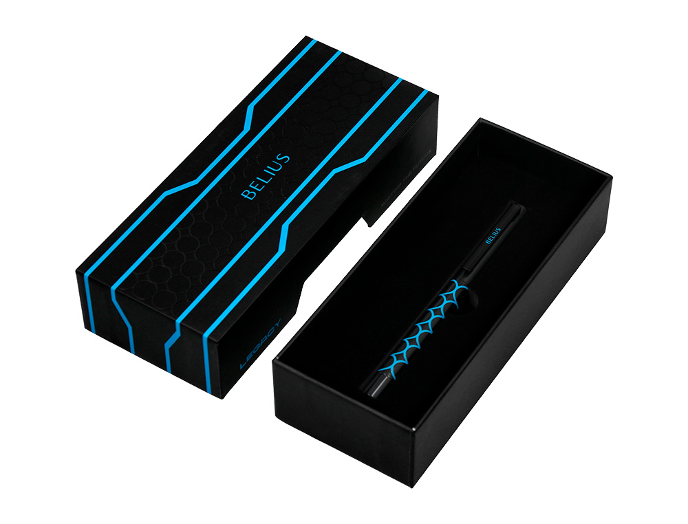 ESFEROGRAFICA BELIUS LEGACY ALUMINIO DESENHO CIRCULOS AZUL CORPO PRETO TINTA COR AZUL CAIXA DE DESIGN