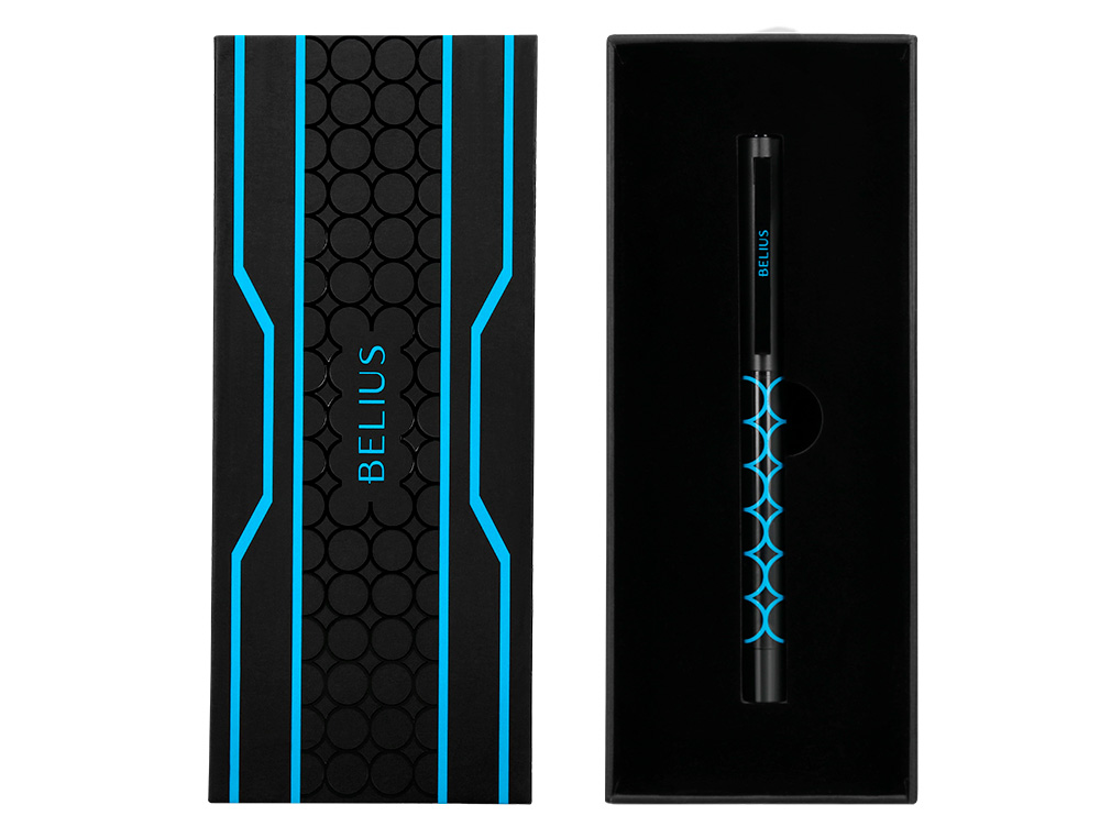 ESFEROGRAFICA BELIUS LEGACY ALUMINIO DESENHO CIRCULOS AZUL CORPO PRETO TINTA COR AZUL CAIXA DE DESIGN