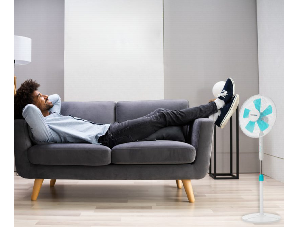 VENTILADOR BLAUPUNKT DE PE BASE REDONDA 5 LAMINAS 3 VELOCIDADES ALTURA REGULAVEL COM COMANDO DISTANCIA+TEMPORIZADOR 45W