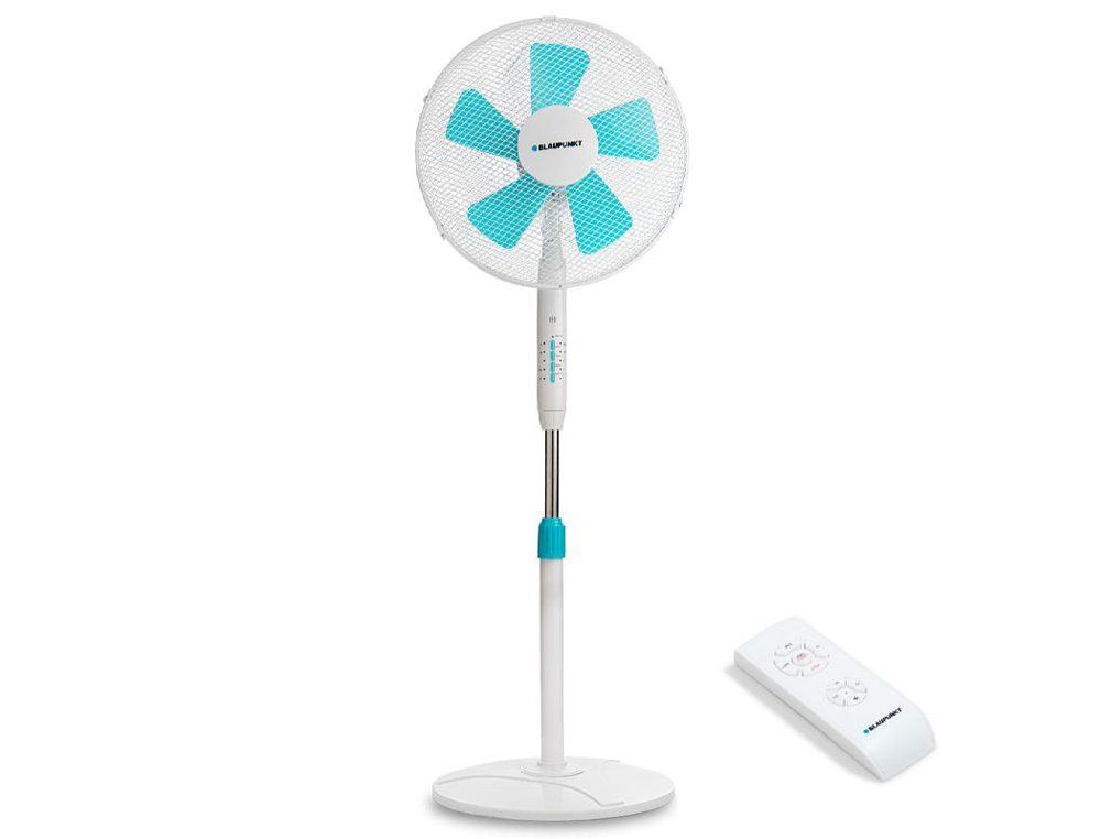 VENTILADOR BLAUPUNKT DE PE BASE REDONDA 5 LAMINAS 3 VELOCIDADES ALTURA REGULAVEL COM COMANDO DISTANCIA+TEMPORIZADOR 45W