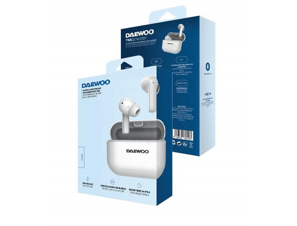 AURICULAR DAEWOO TWS IN-EAR BLUETOOTH 5.3 COM ESTOJO DE CARREGAMENTO USB TIPO-C AUTONOMIA 6 HORAS COR BRANCO