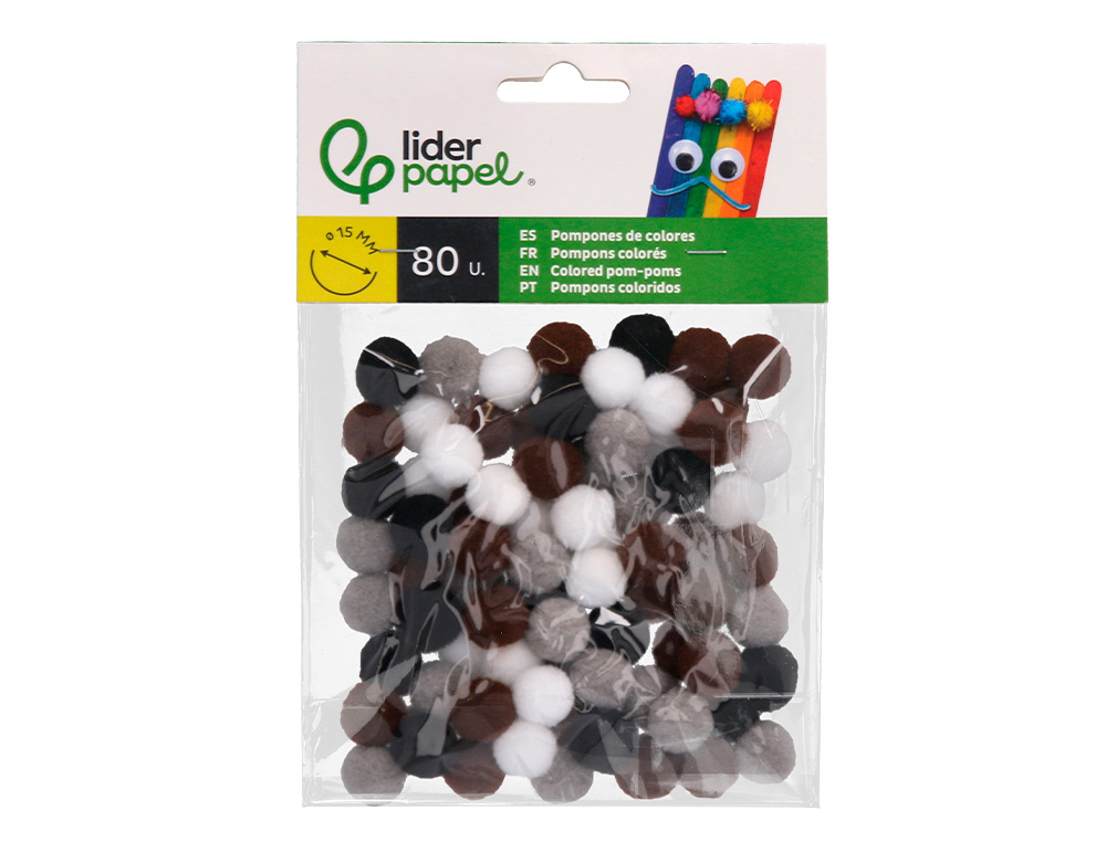 POMPONS DE CORES LIDERPAPEL 1,5 CM TONALIDADES NEUTRAS BOLSA COM 80 UNIDADES
