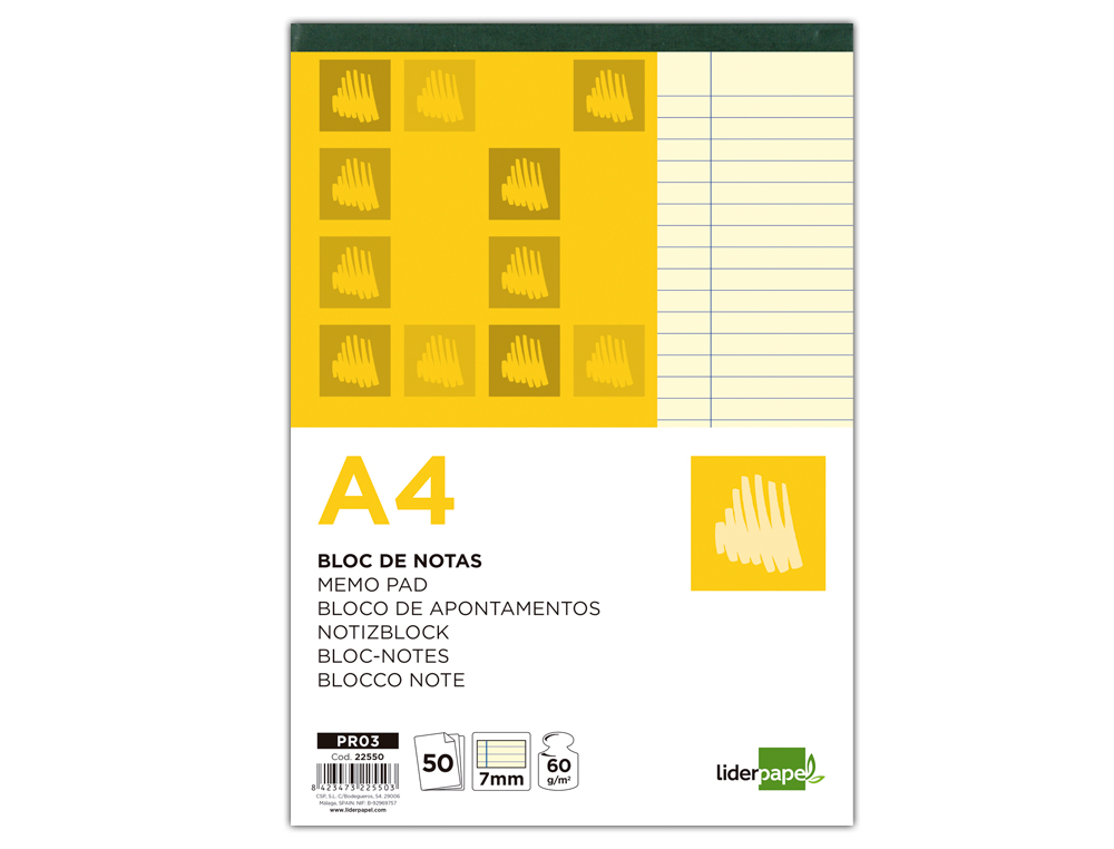BLOCO DE NOTAS LIDERPAPEL COLADO DIN A4 50 F PAUTADO AMARELO